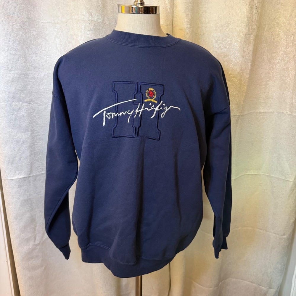 Tommy Hilfiger Vintage Navy Blue Embroidered Logo Crewneck Sweatshirt Mens XL